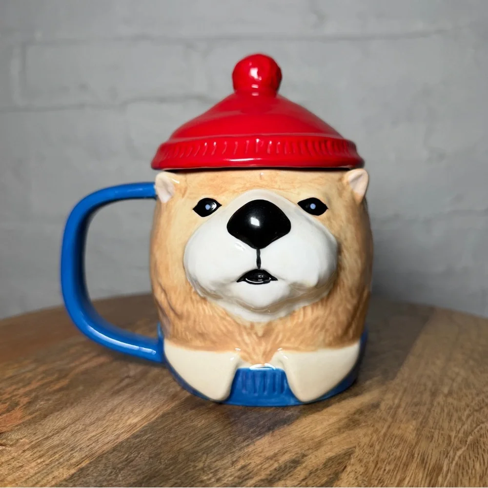 West Elm Rachel Kozlowski Dapper Animal Bear Mug with lid Hand painted